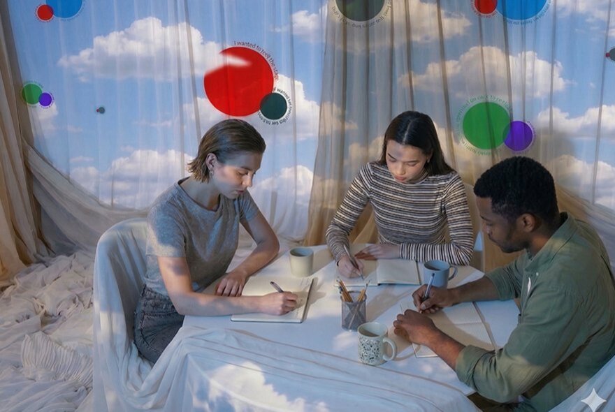 People seated at a table, writing on a table covered with a sky-patterned cloth, sky on curtains in the background.