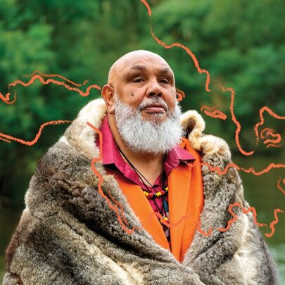 Mutti Mutti, Yorta Yorta and Nari Nari Songman Kutcha Edwards dressed in possum skins with drawn orange lines over the top of the photo.