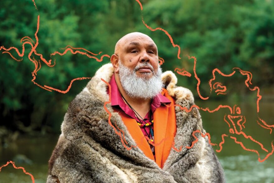 Mutti Mutti, Yorta Yorta and Nari Nari Songman Kutcha Edwards dressed in possum skins with drawn orange lines over the top of the photo.