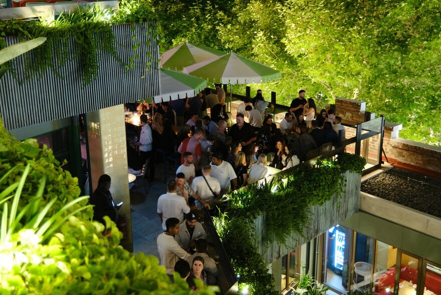 Looking onto a beer garden with seating and foliage.