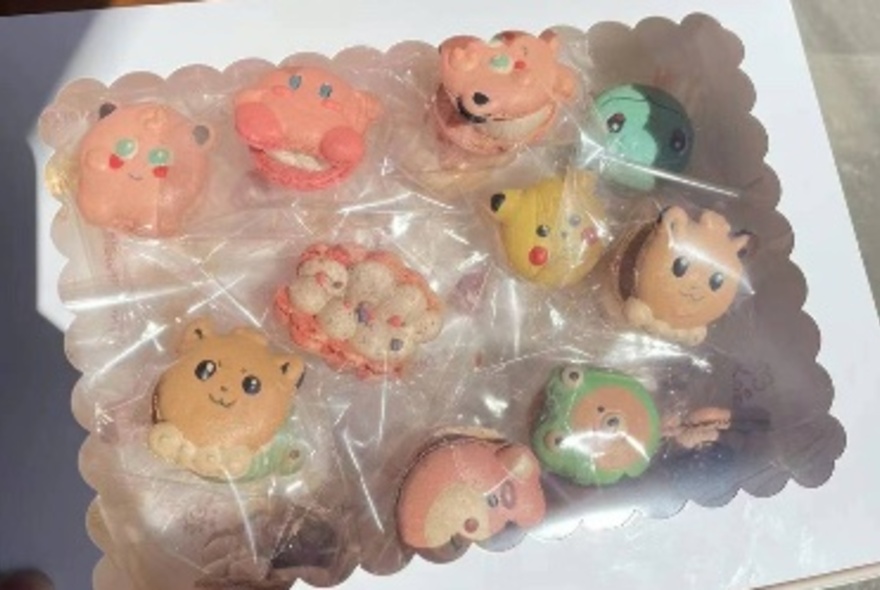 A box of cartoon character macaroons.