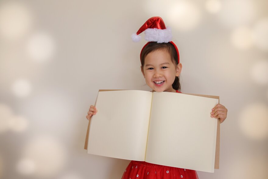 A girl wearing a Santa hat smiling and holding open a book with blank pages. 