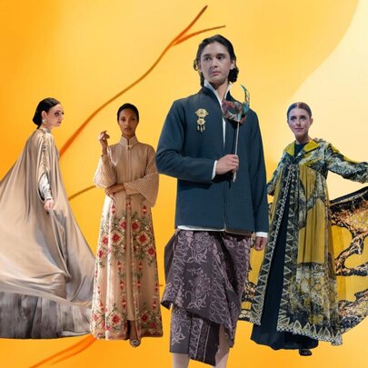 Indonesian fashion models wearing modest gowns crudely photoshopped against a yellow background. 