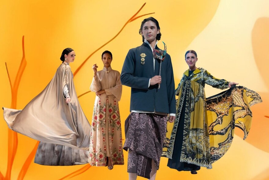 Indonesian fashion models wearing modest gowns crudely photoshopped against a yellow background. 