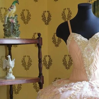 Mannequin wearing a pink tulle gown next to a wooden shelf displaying Regency porcelain bird sculptures.