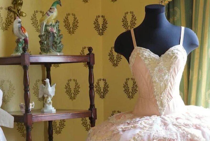 Mannequin wearing a pink tulle gown next to a wooden shelf displaying Regency porcelain bird sculptures.