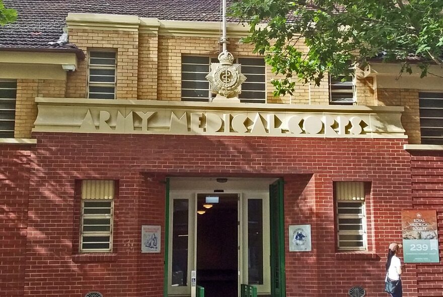 Red and yellow brick Art Deco exterior of Drill Hall that houses the bookshop.