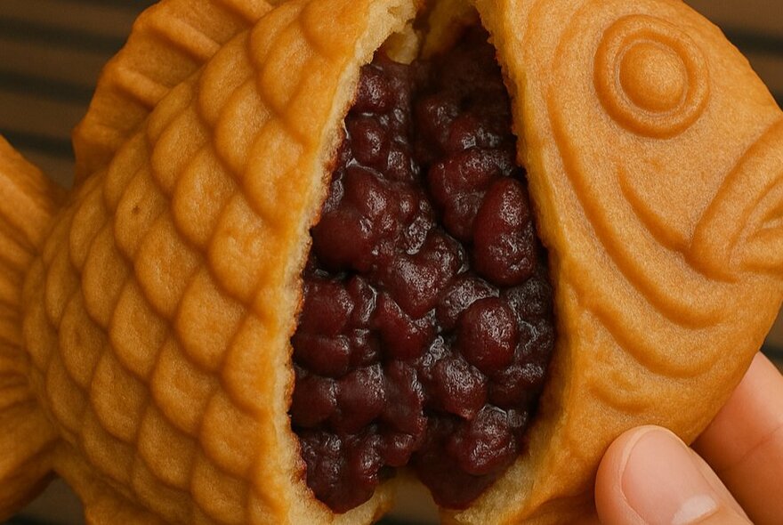 A fish-shaped snack being pulled apart to reveal the red bean interior.