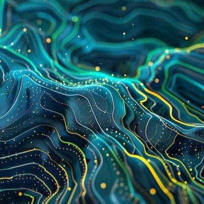 A digital rendering of a topographic map, it features glowing contour lines in blue, teal, and yellow, representing elevation or data connectivity.
