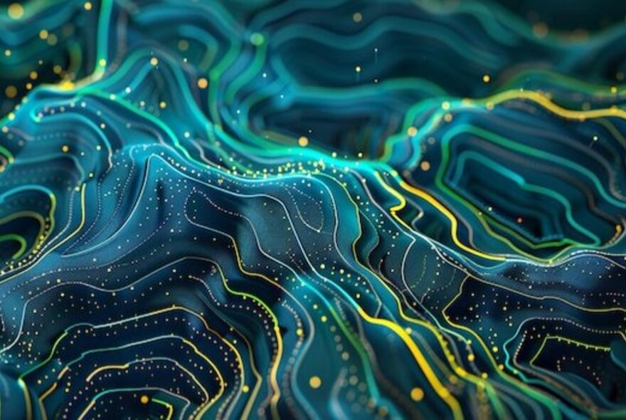 A digital rendering of a topographic map, it features glowing contour lines in blue, teal, and yellow, representing elevation or data connectivity.