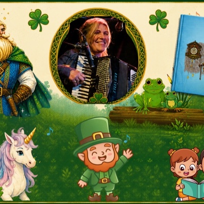 A childish collage picture with Irish themes including shamrocks, a leprechaun, a unicorn and an inset of a woman playing a piano accordian. 