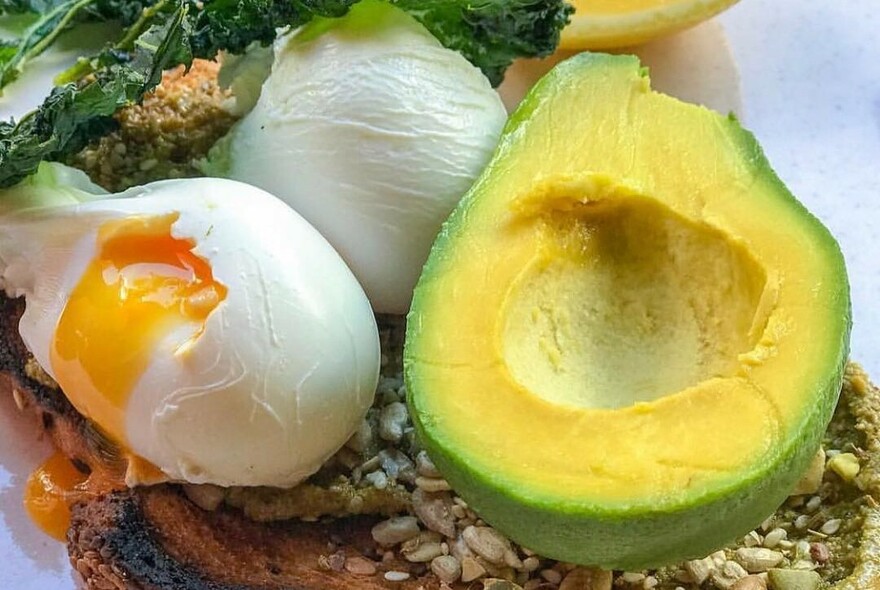 Soft boiled eggs and half an avocado.