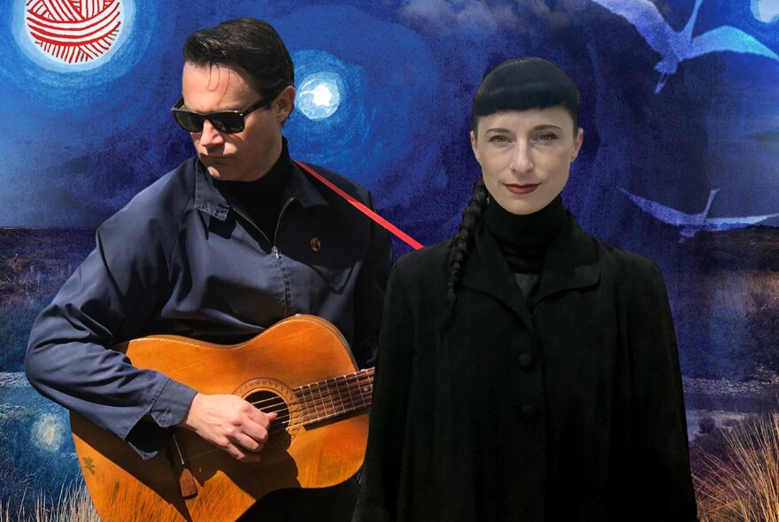 Melbourne musical duo The Orbweavers, one of them playing an acoustic guitar.