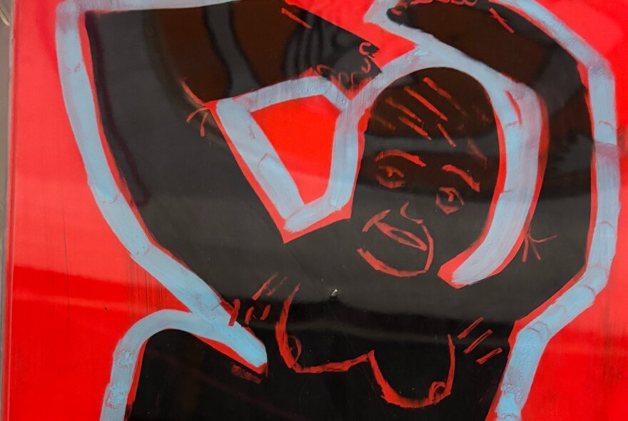 A hand-painted artwork featuring an abstract woman's body in black with red feature lines and a white outline, on a red background.