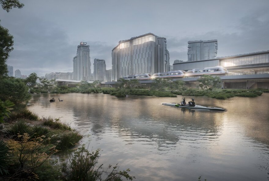 A futuristic vision of the Birrarung river with city buildings in the background, a high speed train, and a kayak gliding past. 