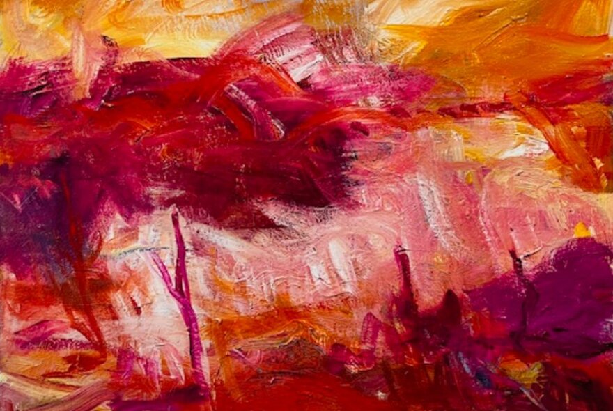 Abstract oil painting in pinks, yellows and oranges.