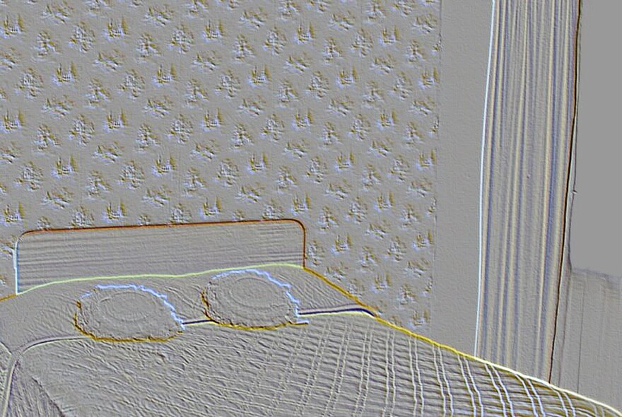 An embossed, high-relief image showing a bedroom interior.