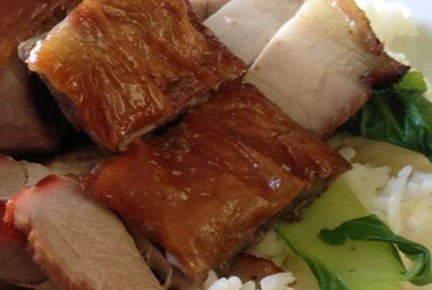 Close up of dish of fried pork, vegetables and rice.