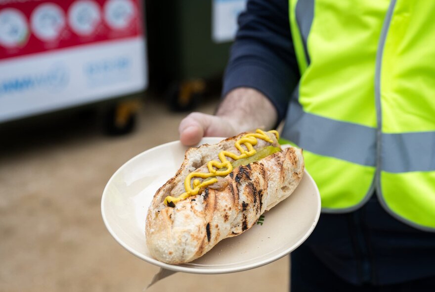 Hand holding a sausage in a roll with mustard.