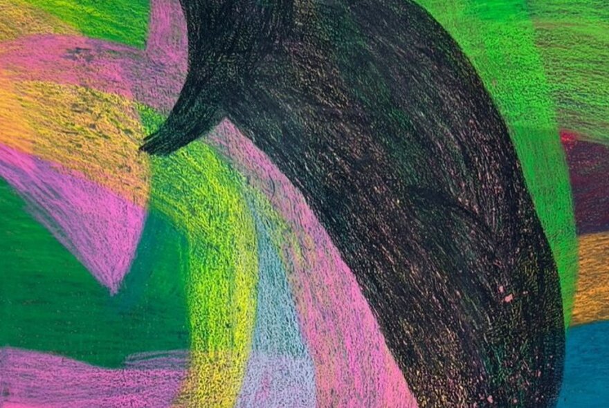 Abstract drawing created with crayons or pastels, featuring a prominent dark shape against a colorful background.