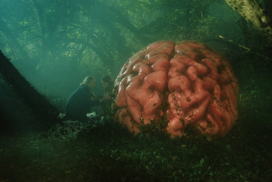 People seated in a dark forest next to a huge brain.