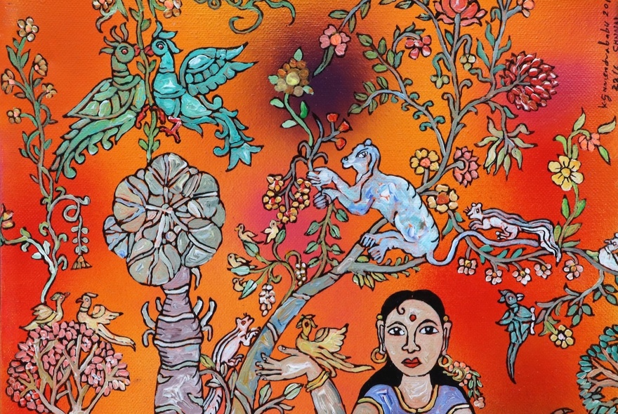Indian pen artwork with animals and dancer with orange background.