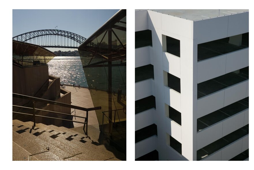 Artwork showing a white modern building with the Sydney Harbour Bridge in the background. 