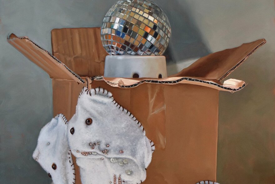 A still life painting of a cardboard box that contains a small mirror ball, and a piece of white fabric hanging off the side.