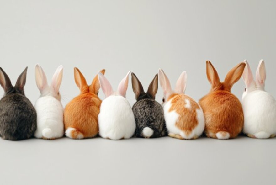 A row of grey, white and orange rabbits, viewed from behind.