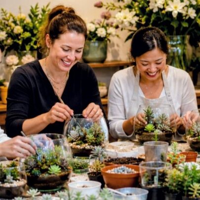 A group of people creating miniature terrariums with succulents, gravel, bowls and pots in a florist setting.