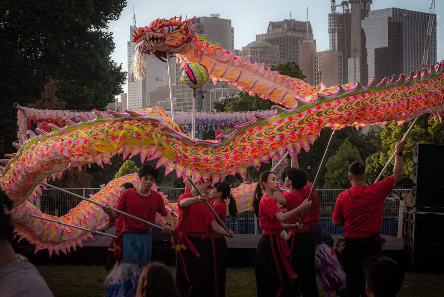 A team of artists holding up a long Chinese dragon in an outdoor display.