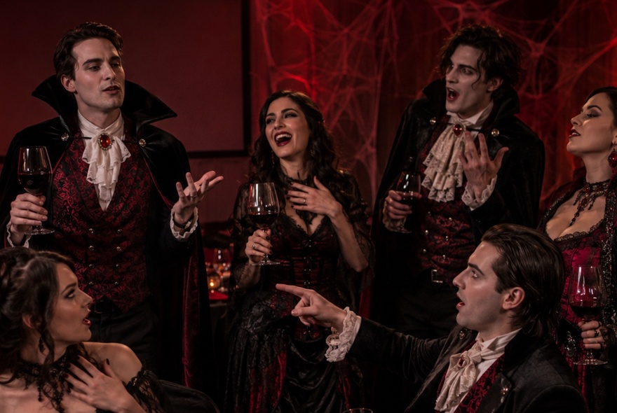 A group of people dressed in Dracula themed costumes all holding wine glasses.