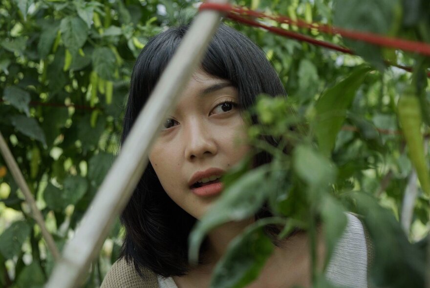 Film still of a young woman glimpsed amongst foliage.
