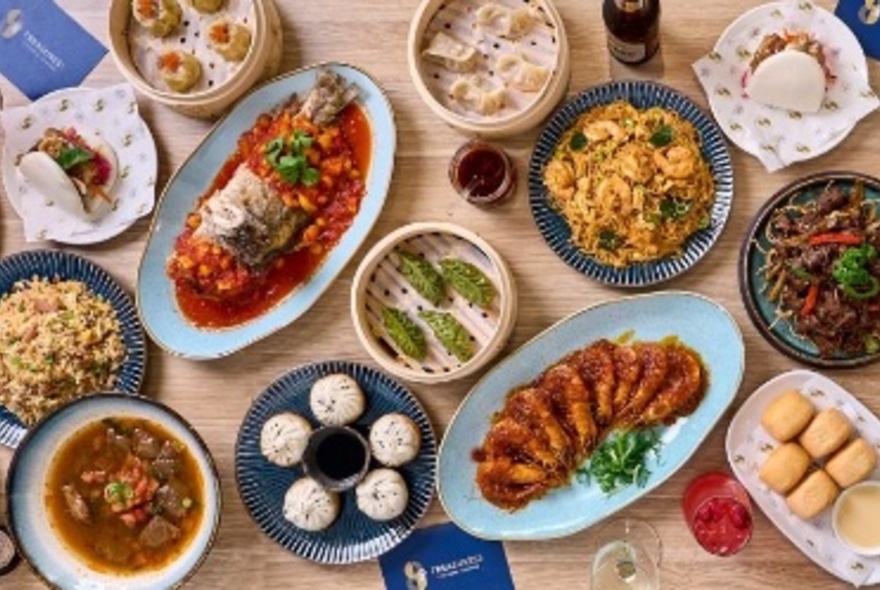 Overhead view of Chinese dishes of food including dumplings, wontons and rice.