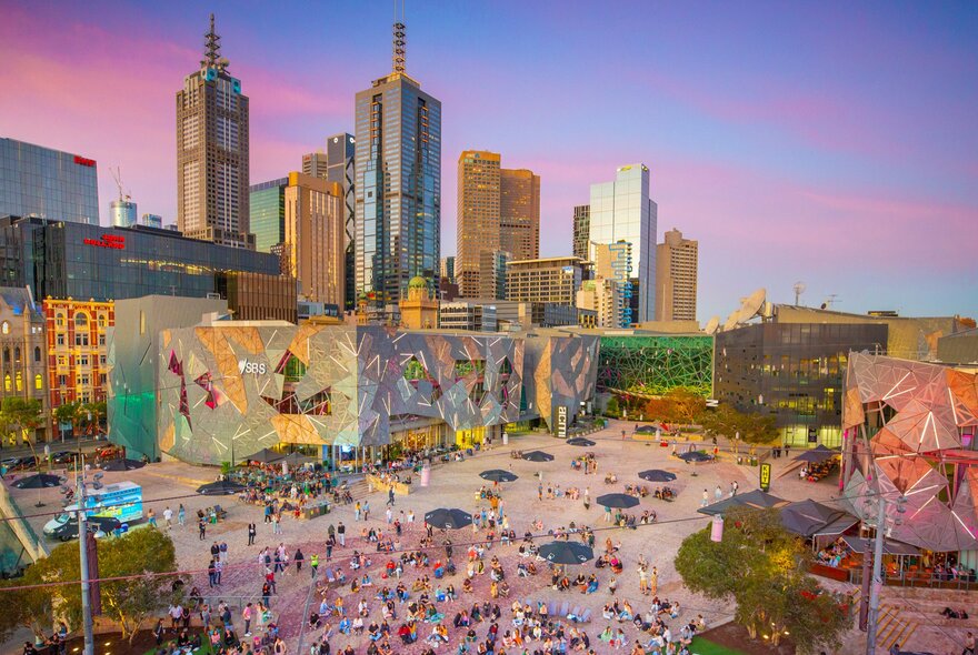 A city square at dusk