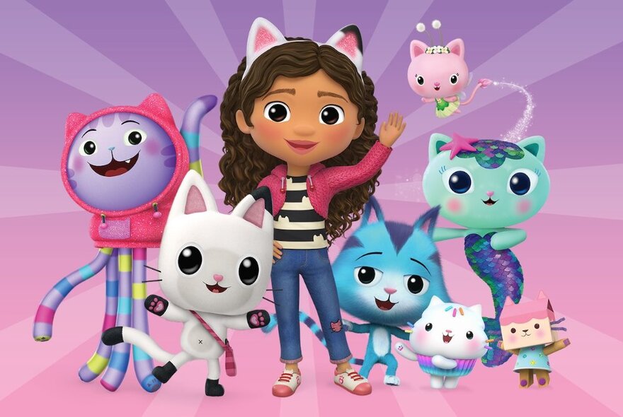 A cartoon girl waving surrounded by coloured cats of all shapes and sizes. 