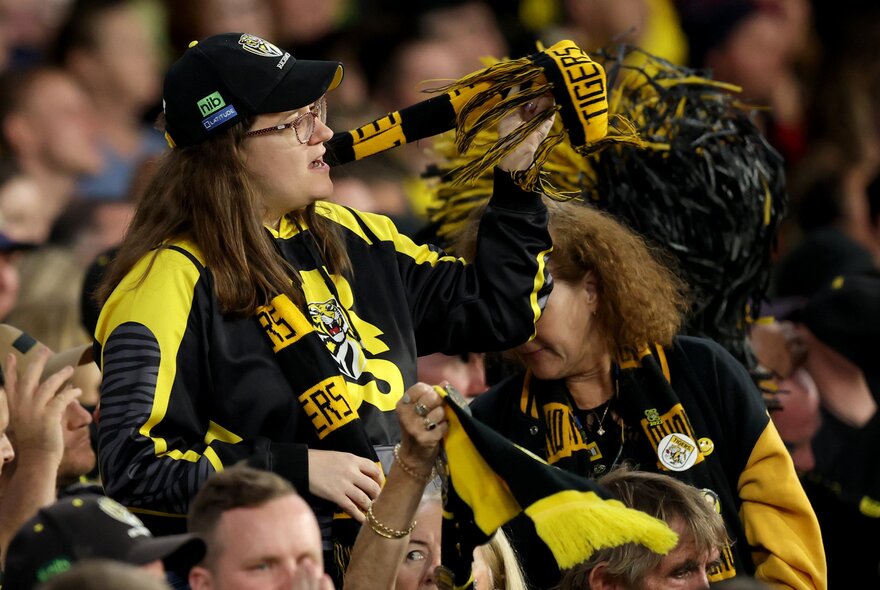 Richmond AFL fans in the stands during a match.