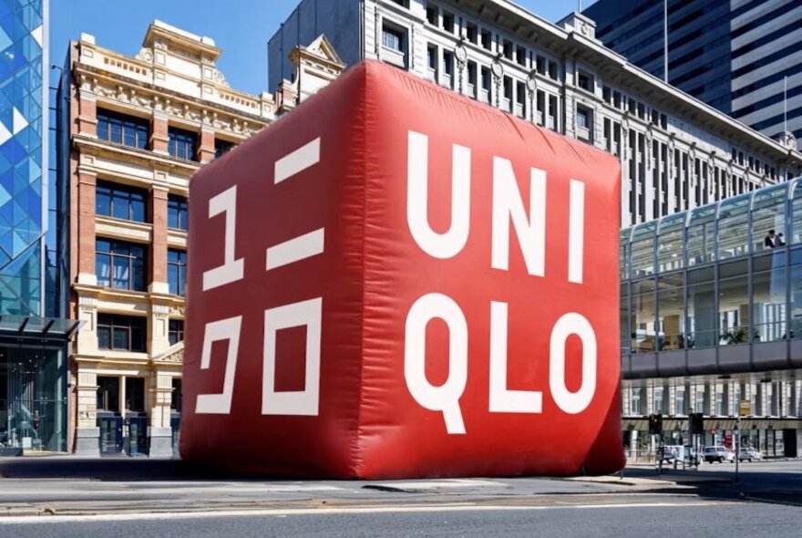 A giant inflatable red cube with the white Uniqlo logo on it, in front of city buildings in Melbourne.