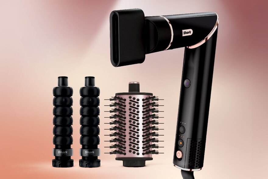 A Shark hair dryer with attachments. 