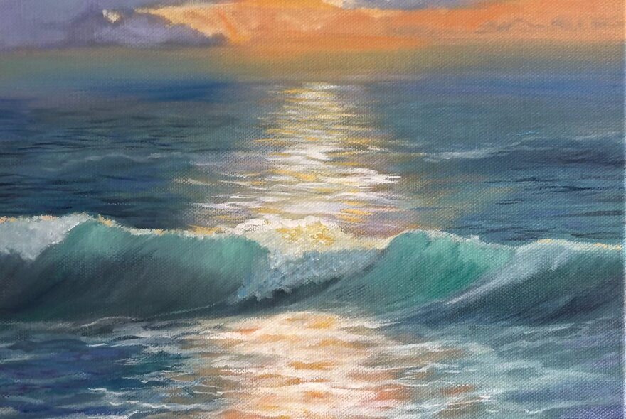 A painting of waves on the ocean at sunrise.