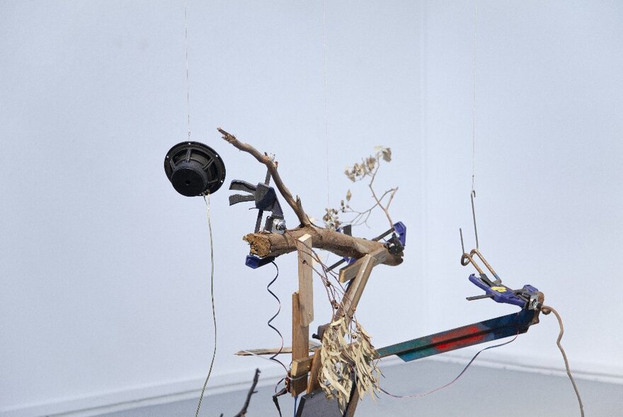 Sculptural assemblage of tree limbs, old bits of metal, speakers, dried leaves, displayed in a white gallery setting.