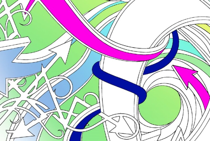 An abstract, colorful drawing featuring swirling lines, bright pink and blue curves, arrows, and geometric shapes.