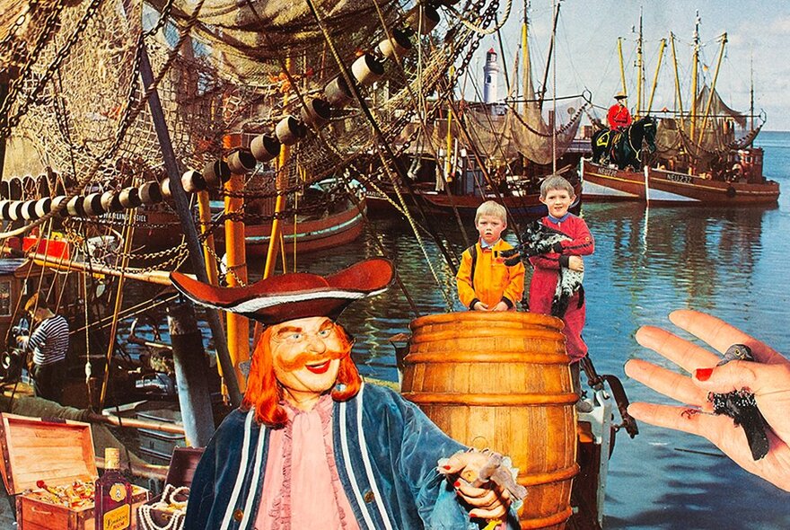 A Treasure Island themed collage with a pirate, ships in port and two kids on a barrel. 