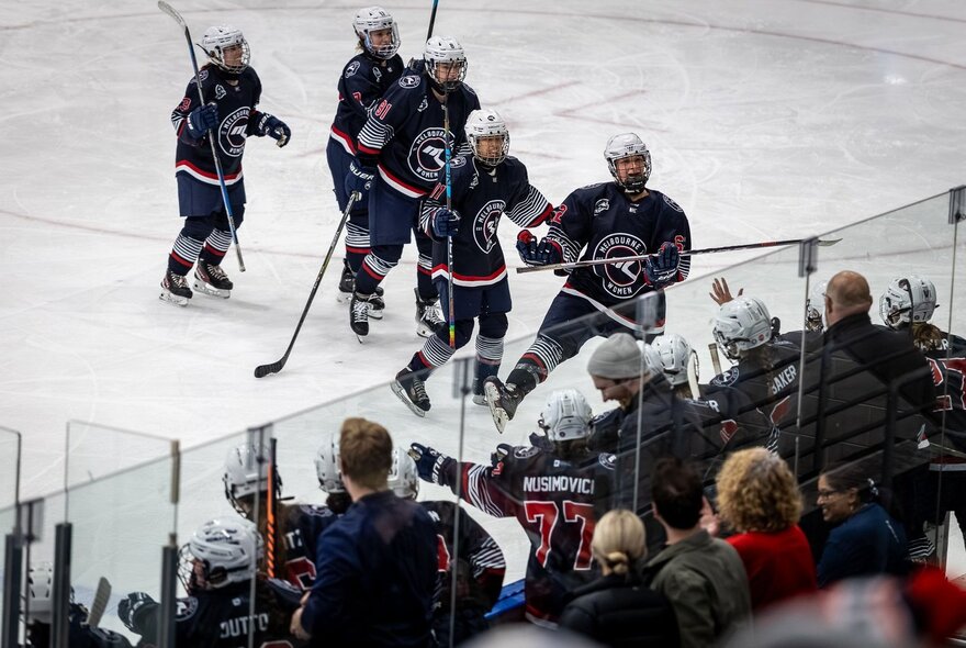 Ice hockey team skating to the edge of the arena with seated onlookers.