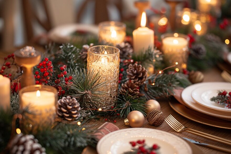 A festive table setting with lit candles, pine cones and holly in amongst the plates.