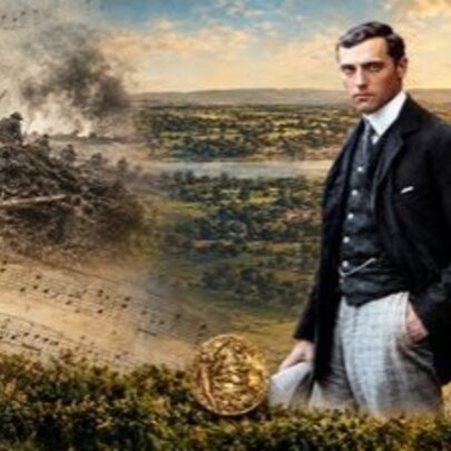 An Edwardian-era man stands against a split background in front of a First World War battlefield on the left to a peaceful river valley on the right, with a faint musical score overlay and a gold medal at the bottom.