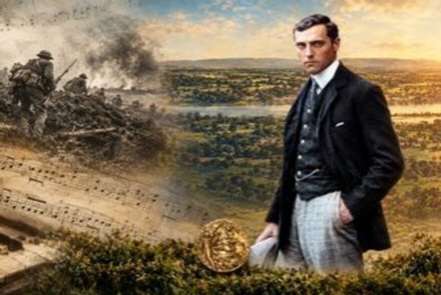 An Edwardian-era man stands against a split background in front of a First World War battlefield on the left to a peaceful river valley on the right, with a faint musical score overlay and a gold medal at the bottom.