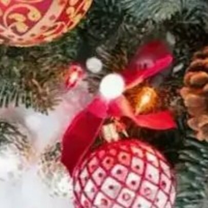 Christmas baubles, ribbons and fir cones.