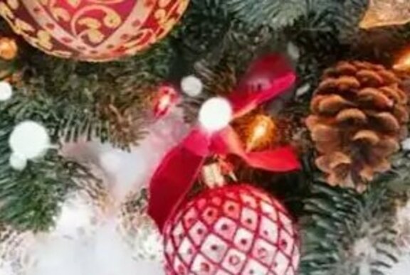 Christmas baubles, ribbons and fir cones.