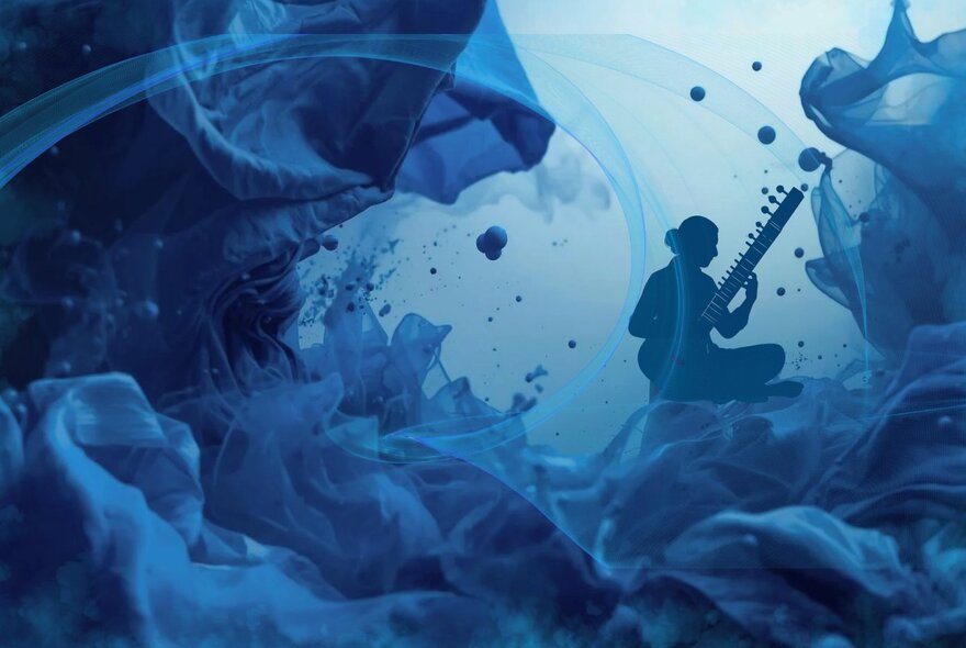 Blue tonal mage of swirling waves with a silhouette of a person in the background playing a musical instrument.